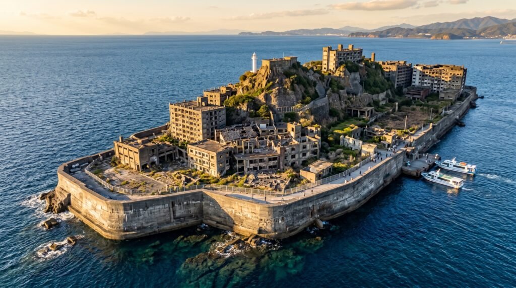 A lighthouse situated on the central rocky ridge of the abandoned Hashima Battleship Island. Ghost Island Japan