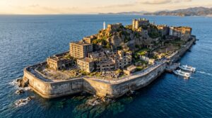 A lighthouse situated on the central rocky ridge of the abandoned Hashima Battleship Island. Ghost Island Japan