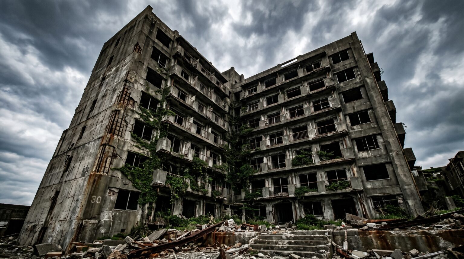 Low-angle view of a towering, dilapidated concrete apartment block overgrown with green vines beneath a stormy sky.