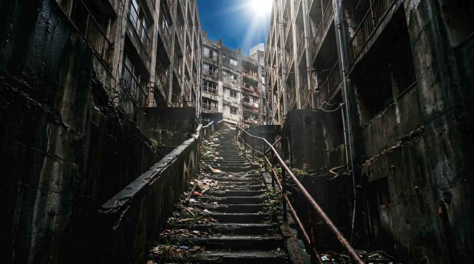 A steep, narrow concrete staircase covered in debris, cutting between tall, dark abandoned apartment buildings with sunlight bursting from the top.