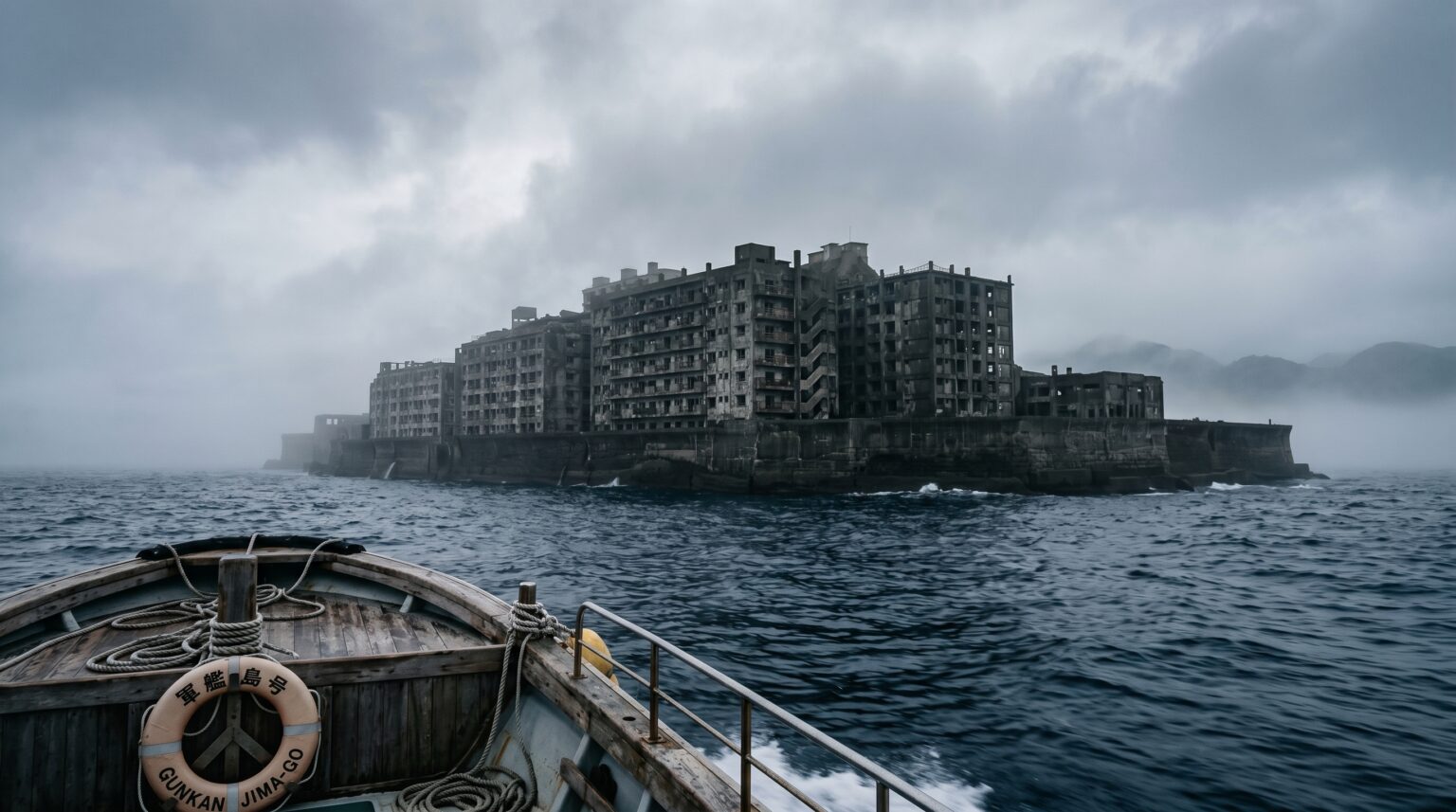 View of the fortress-like Hashima Island rising from a misty ocean, seen from the bow of a wooden boat.