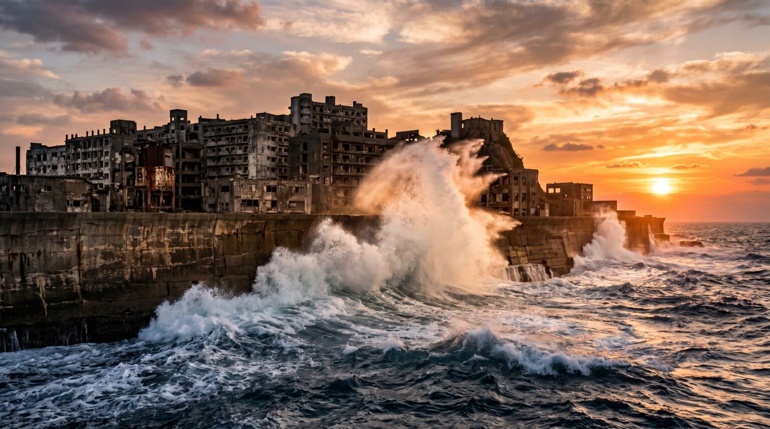 Massive ocean waves crashing violently against the concrete seawall of an abandoned island city during a fiery sunset.