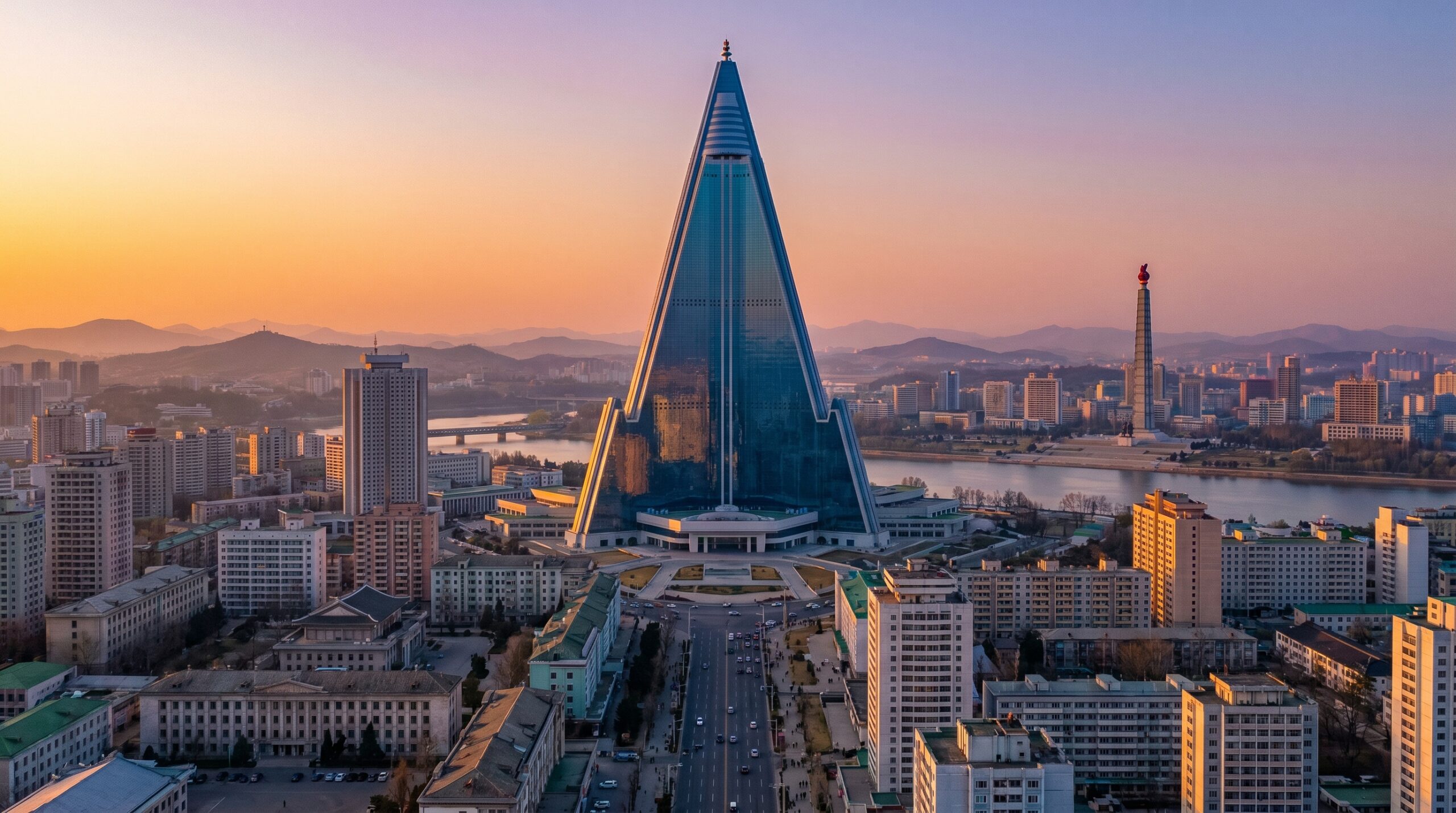 A low angle view of the glowing blue glass on the towering Hotel of Doom in North Korea