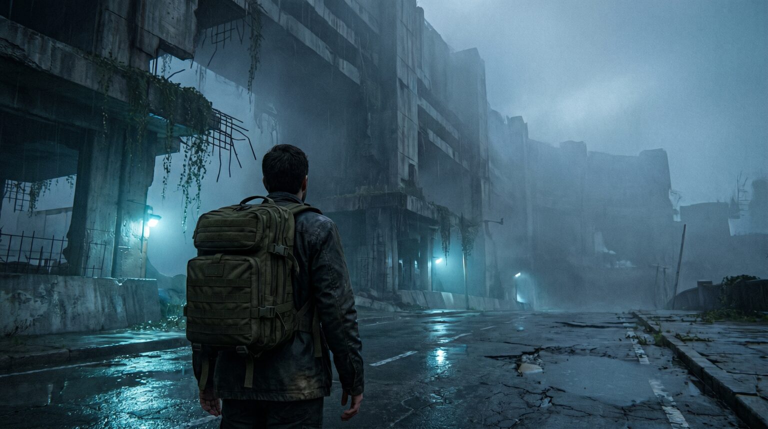 A lone urban explorer standing before a massive, fog-covered abandoned concrete mega-structure.