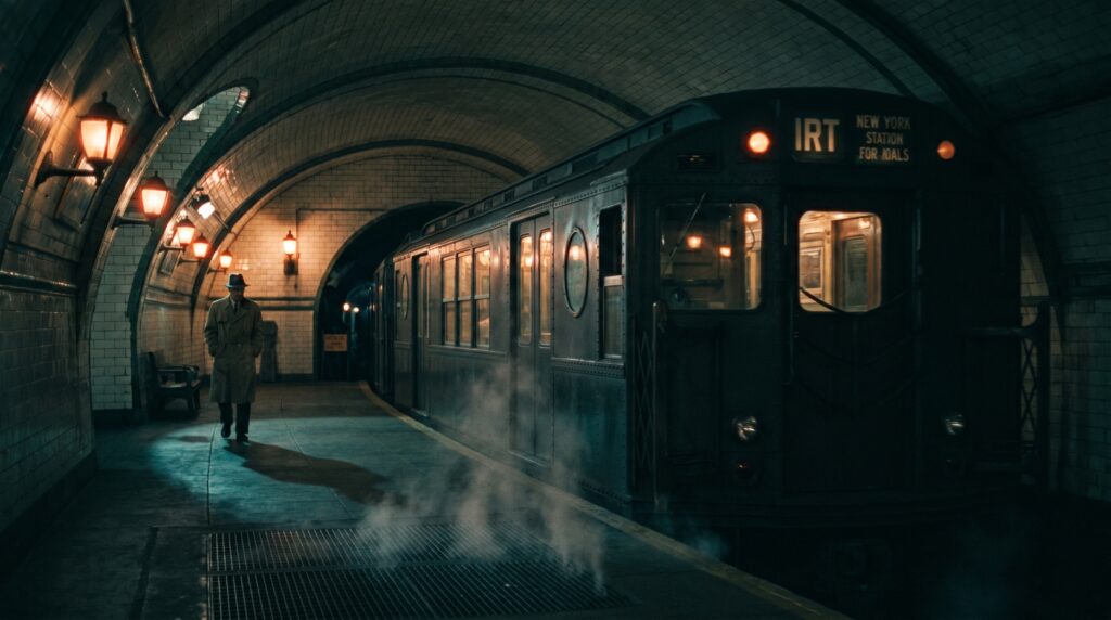 A vintage subway train marked IRT stopped at a curved platform inside a tiled, arched station. A lone figure in a trench coat walks away on the dimly lit platform as steam rises from the tracks