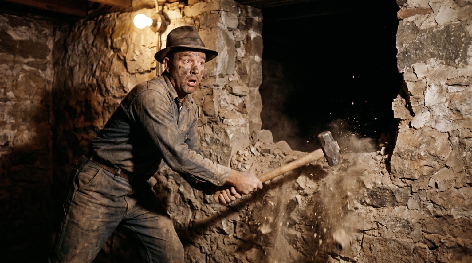 A local Turkish man knocking down a wall to rediscover the Derinkuyu Underground City in 1963