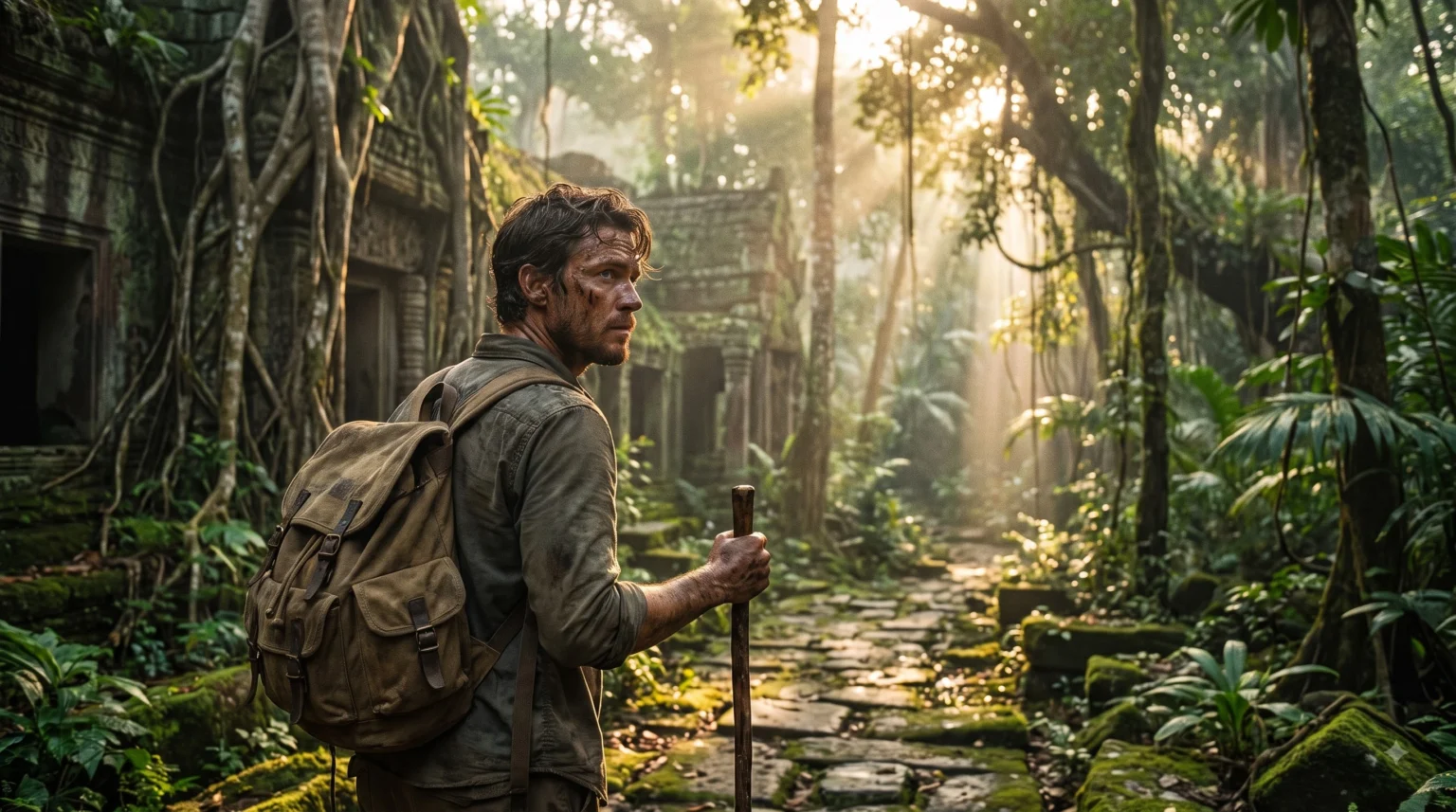 A traveler explores jungle ruins while managing their Bundibugyo virus risk on an African adventure