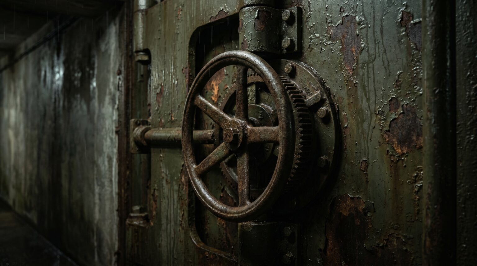 A close-up of a heavy, weathered steel bunker door with a thick metal locking mechanism in a dark, abandoned setting.