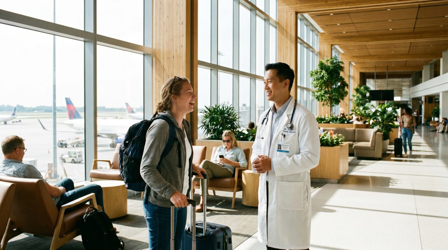 A friendly airport health worker talks to a traveler about the new Bundibugyo virus travel advisory