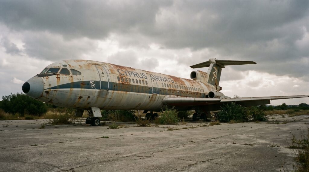 A rusted passenger jet sitting abandoned on the tarmac of the Nicosia Airport forbidden zone.