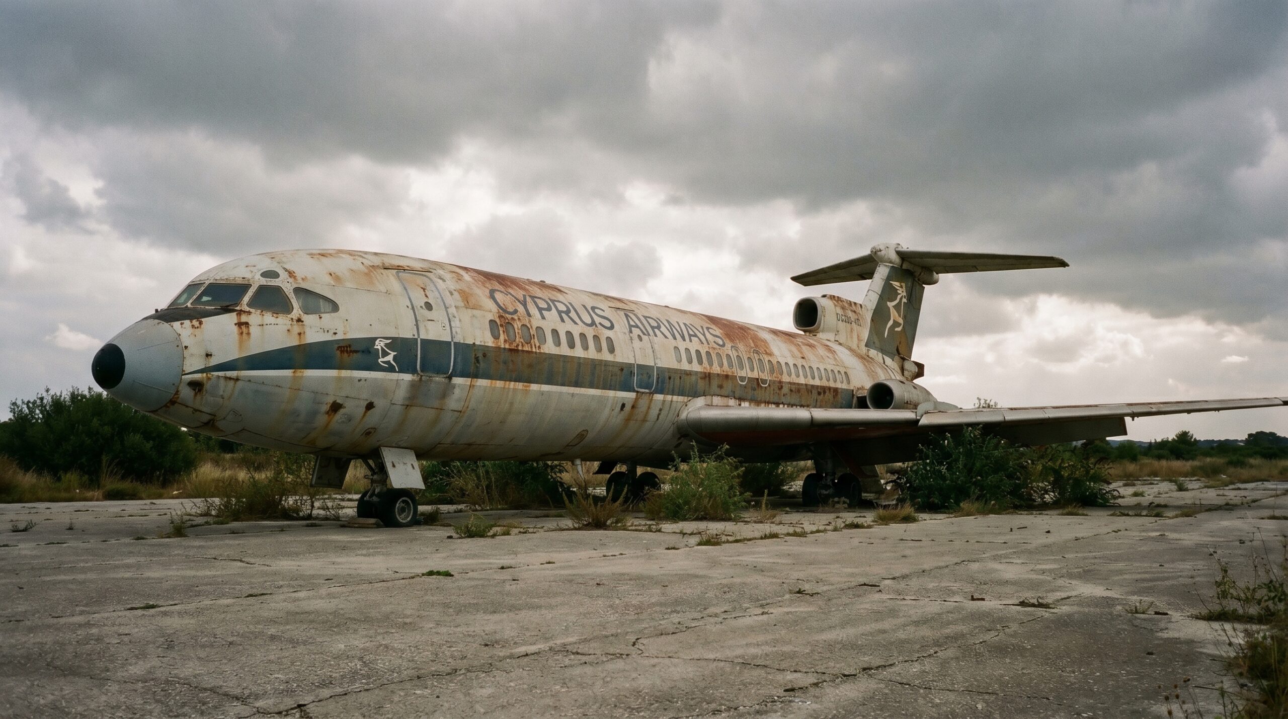 A rusted passenger jet sitting abandoned on the tarmac of the Nicosia Airport forbidden zone.