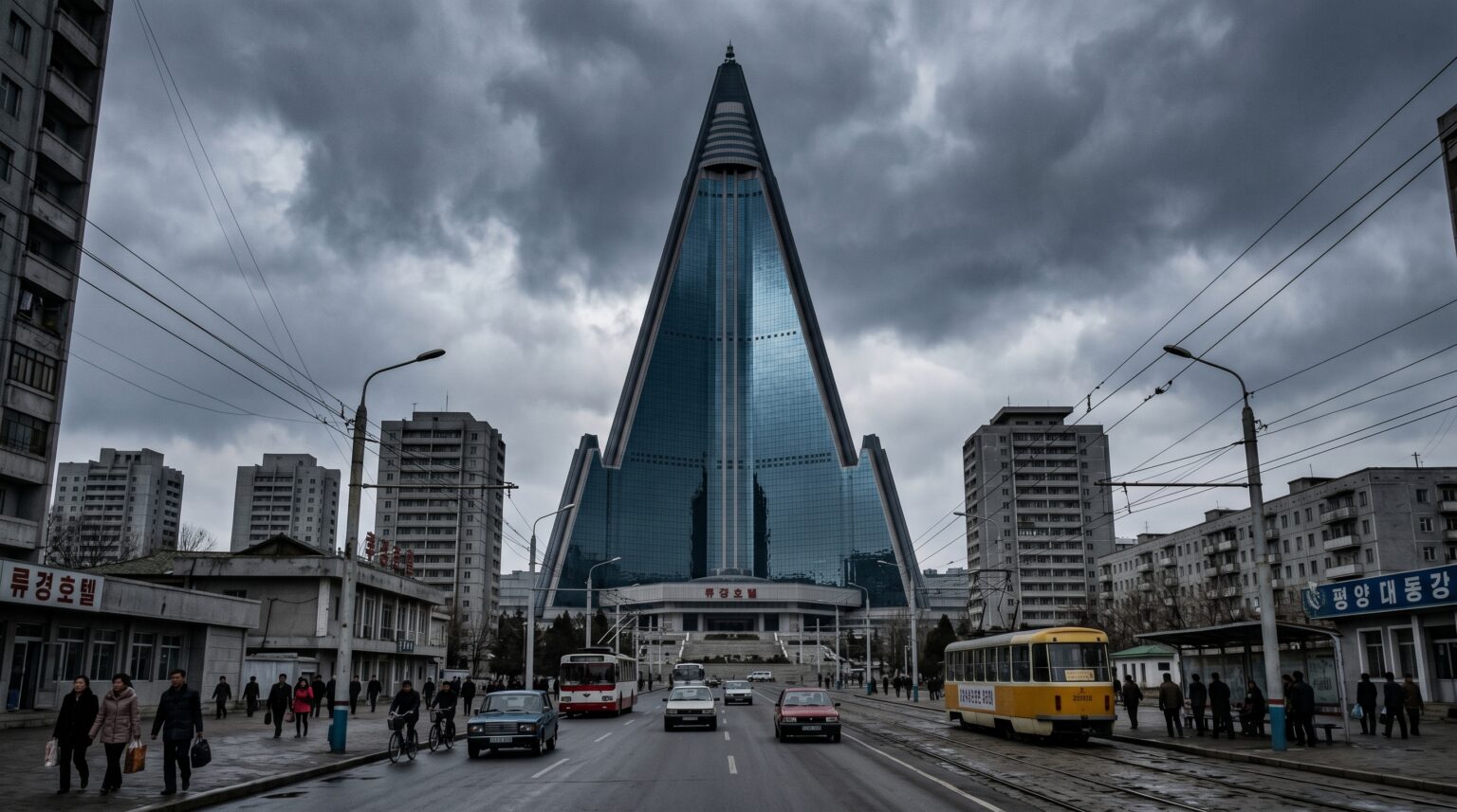 A low angle view of the glowing blue glass on the towering Hotel of Doom in North Korea.