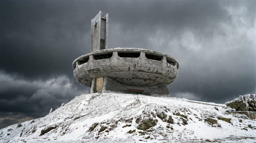A wide view of the abandoned concrete Communist UFO Bulgaria resting on a snowy mountain peak.