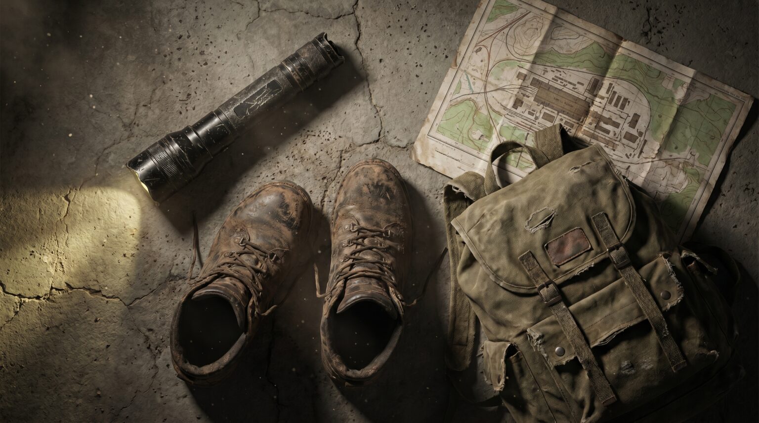 A tactical backpack, worn hiking boots, and a heavy-duty flashlight resting on a concrete floor.