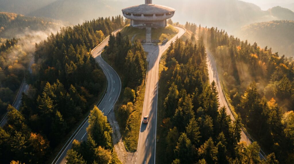 The winding mountain road leading up to the remote Communist UFO Bulgaria.