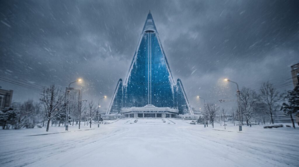 A freezing winter snowstorm swirling around the massive Hotel of Doom