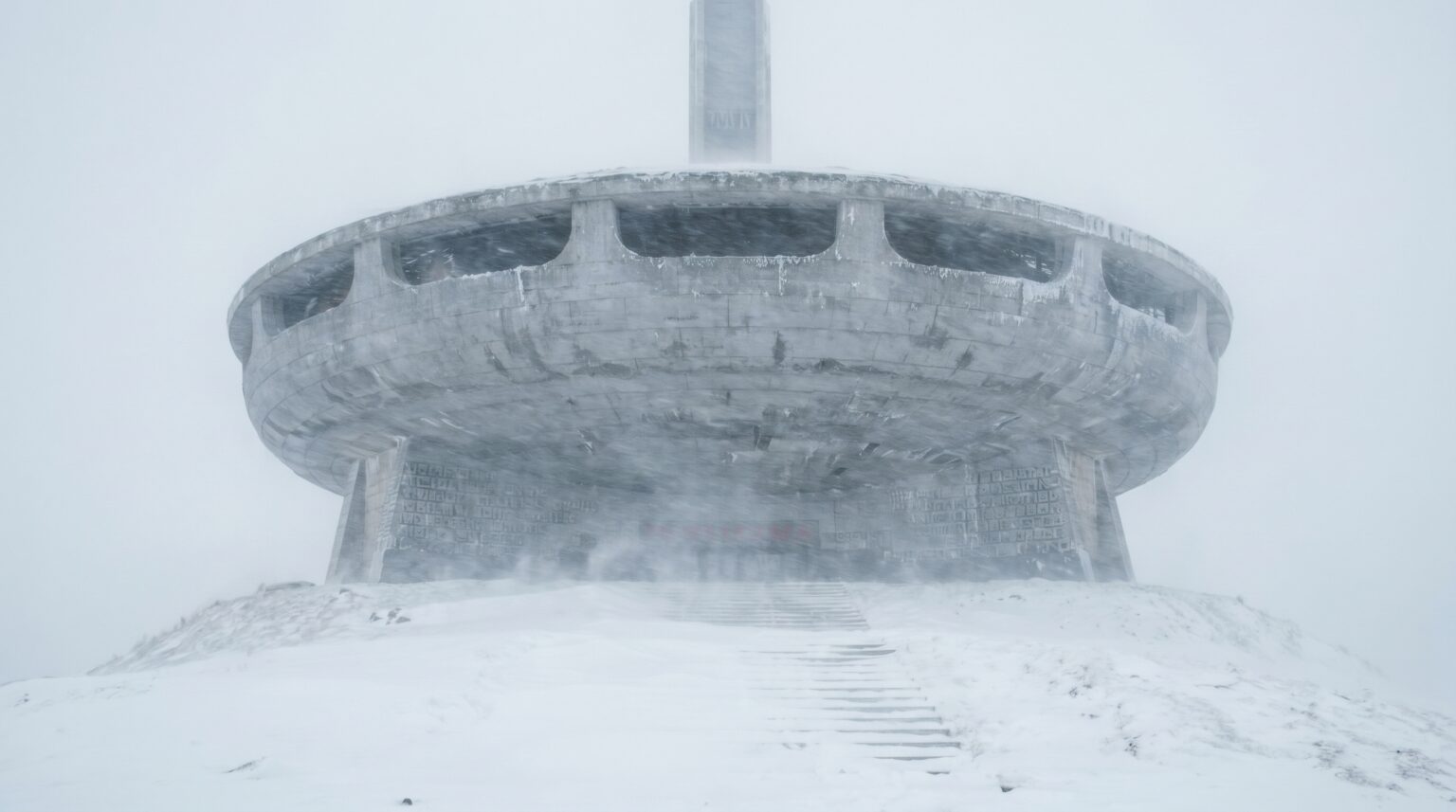 A violent winter blizzard attacking the concrete shell of the Communist UFO Bulgaria.