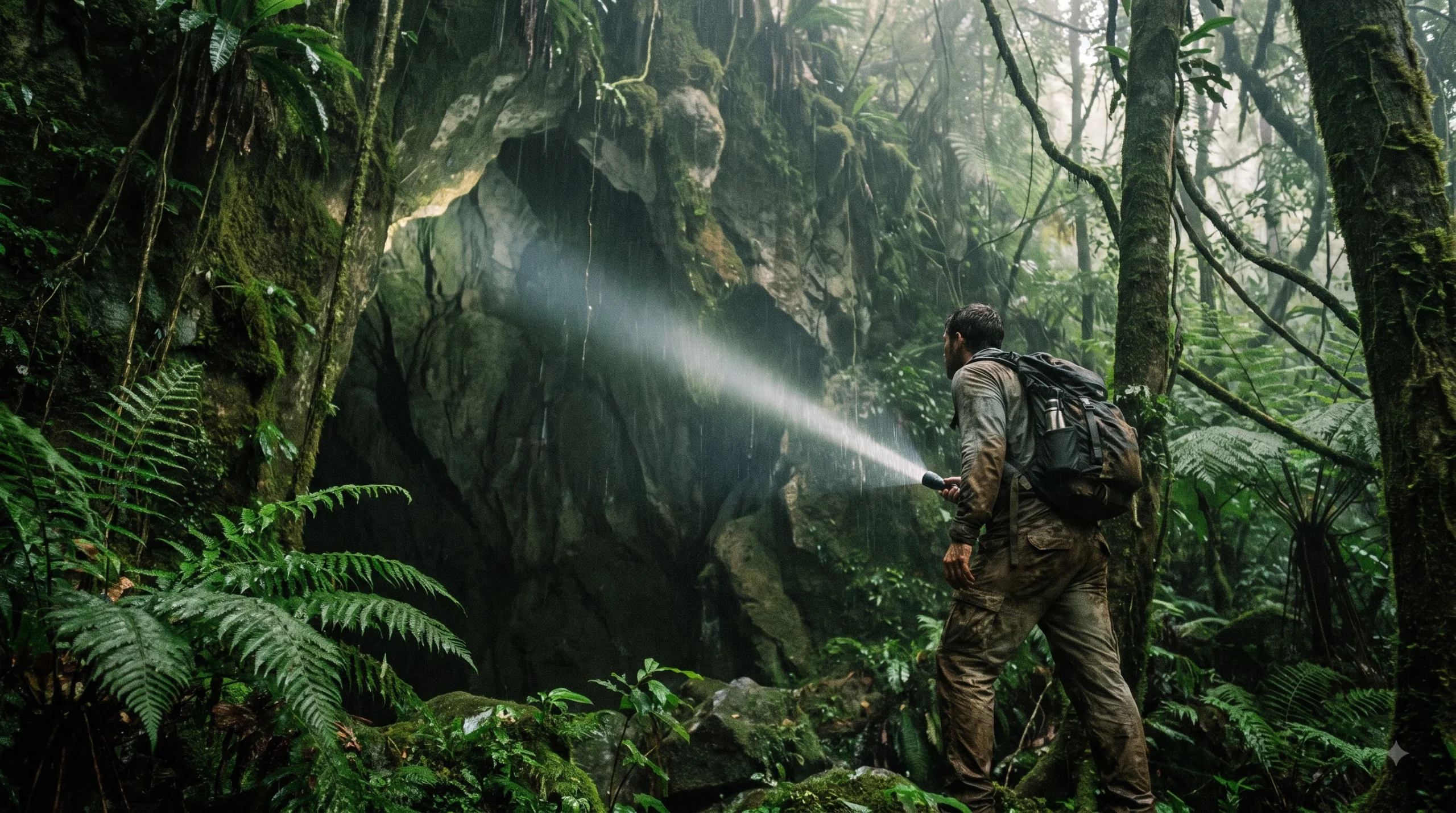 A bold traveler explores a dark cave while learning about their Bundibugyo virus risk in Africa