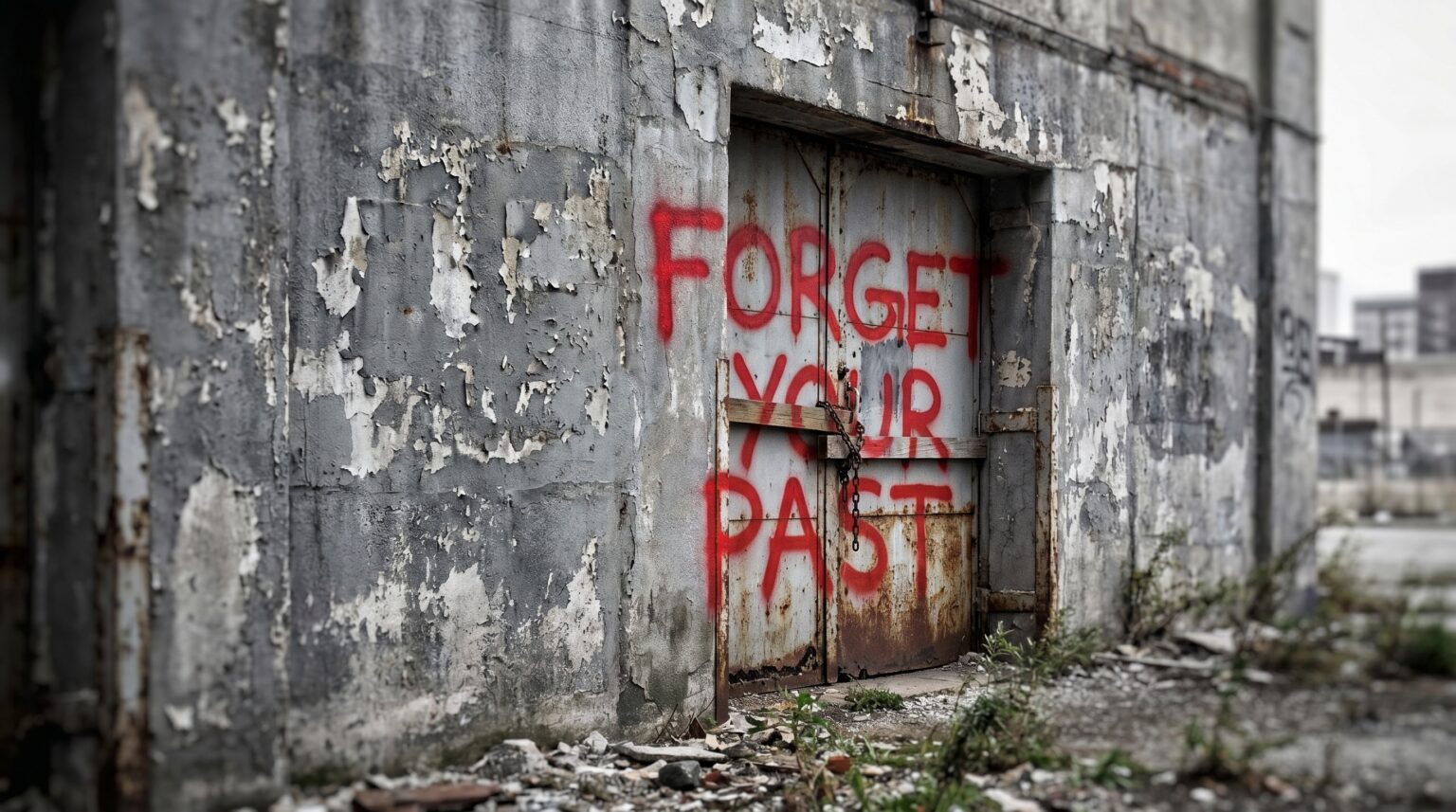 Bright red graffiti covering the decaying exterior entrance of the Communist UFO Bulgaria.