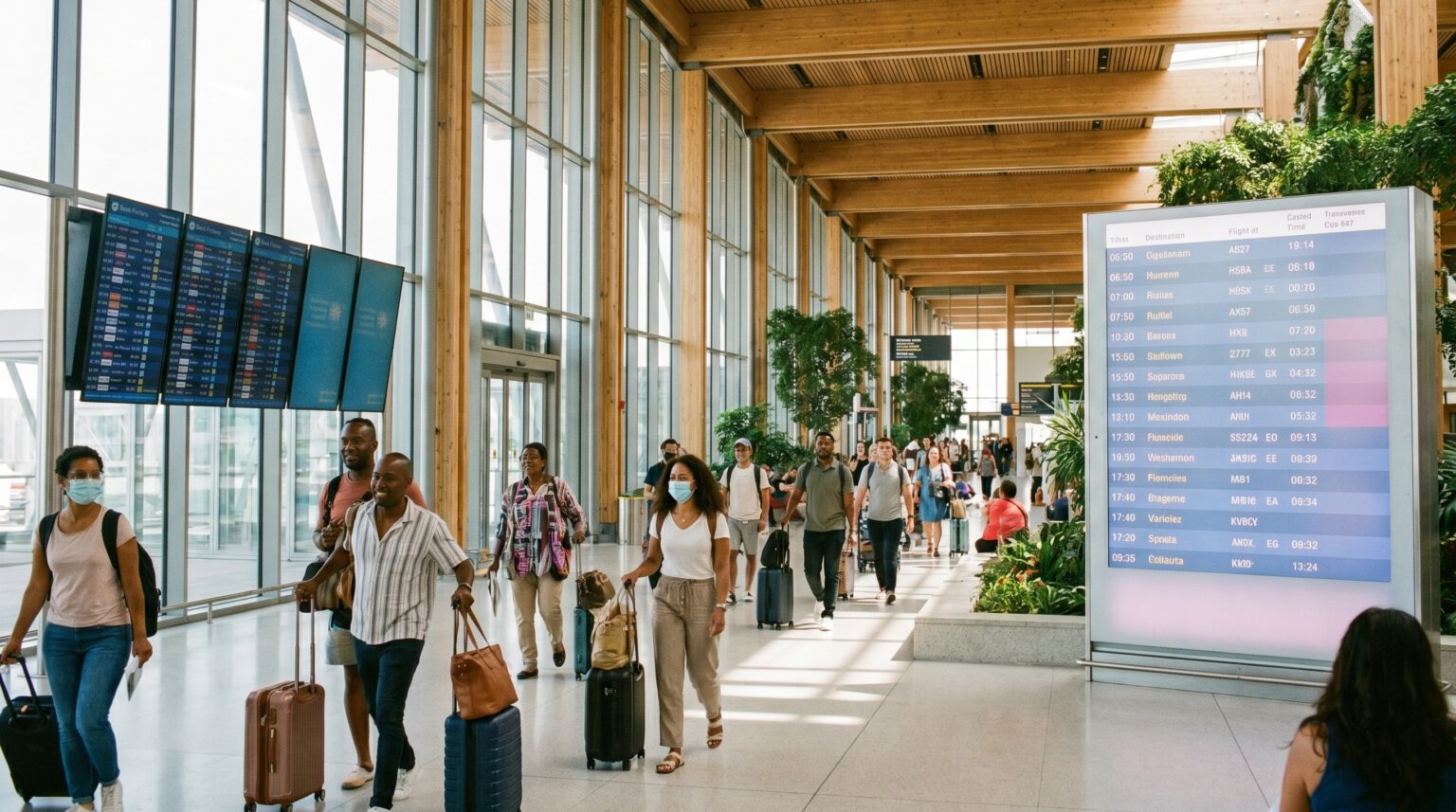 A modern airport terminal where diverse travelers, some wearing masks, walk past large flight screens displaying information on new global travel health alerts.