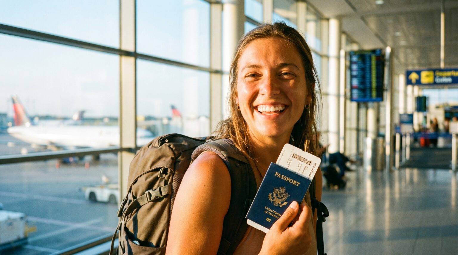 A smiling traveler holding a passport at an airport gate, ready for the new EU ETIAS rules
