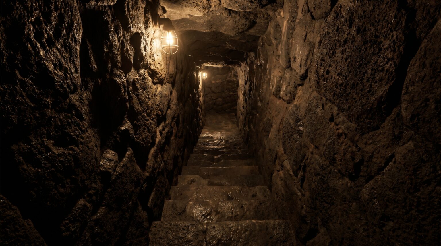 A steep, narrow stone staircase leading deep into the Derinkuyu Underground City tunnels