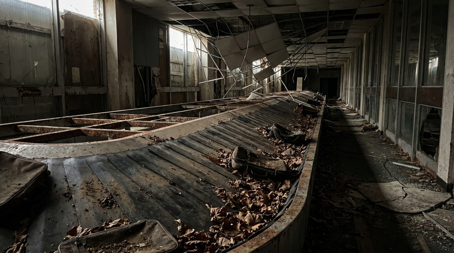 A rusted baggage carousel sitting inside the empty Nicosia Airport terminal.