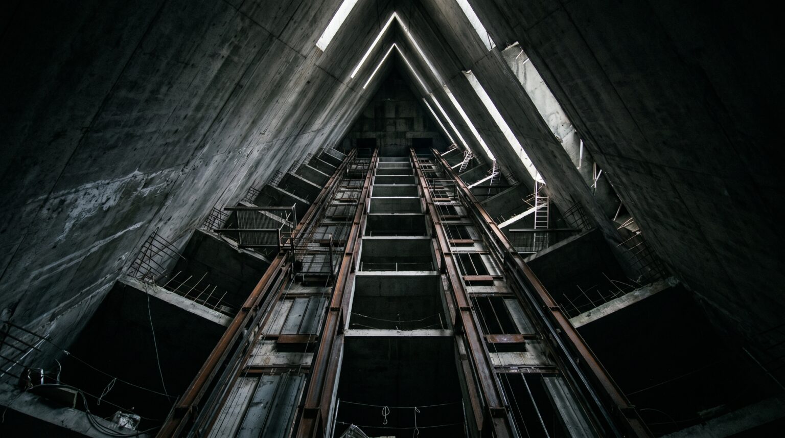 The terrifying, empty concrete interior of the abandoned Hotel of Doom.