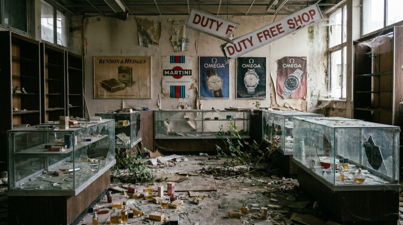 A destroyed duty-free shop inside the abandoned Nicosia Airport terminal