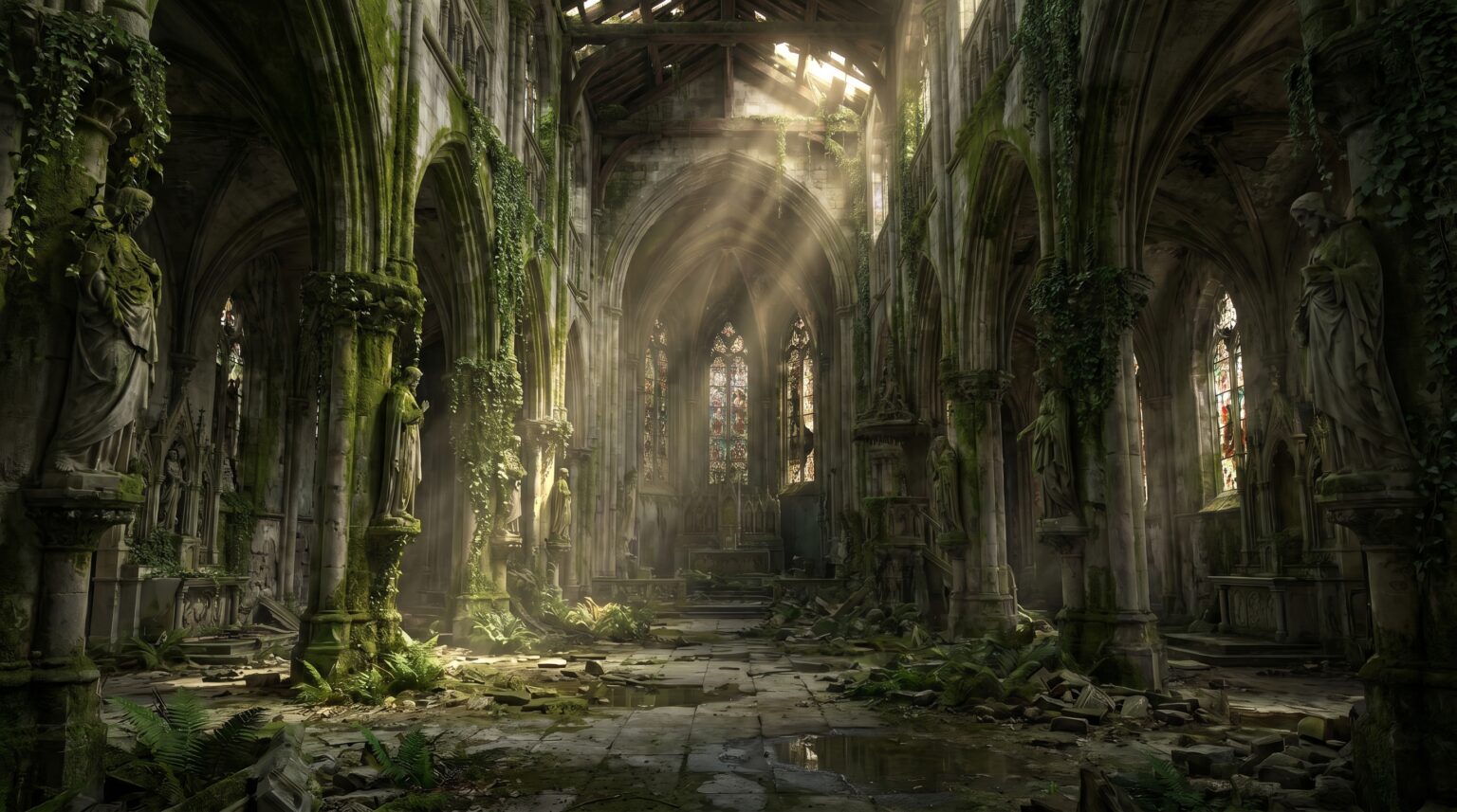 Golden sunlight piercing through the broken roof of a forgotten, overgrown gothic building.