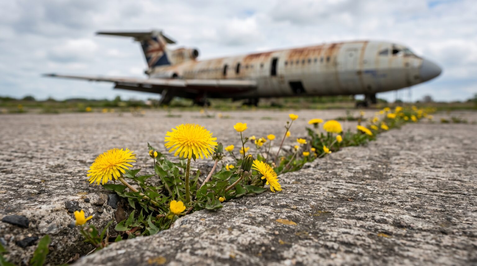 Wild weeds growing through the cracked concrete runway at Nicosia Airport