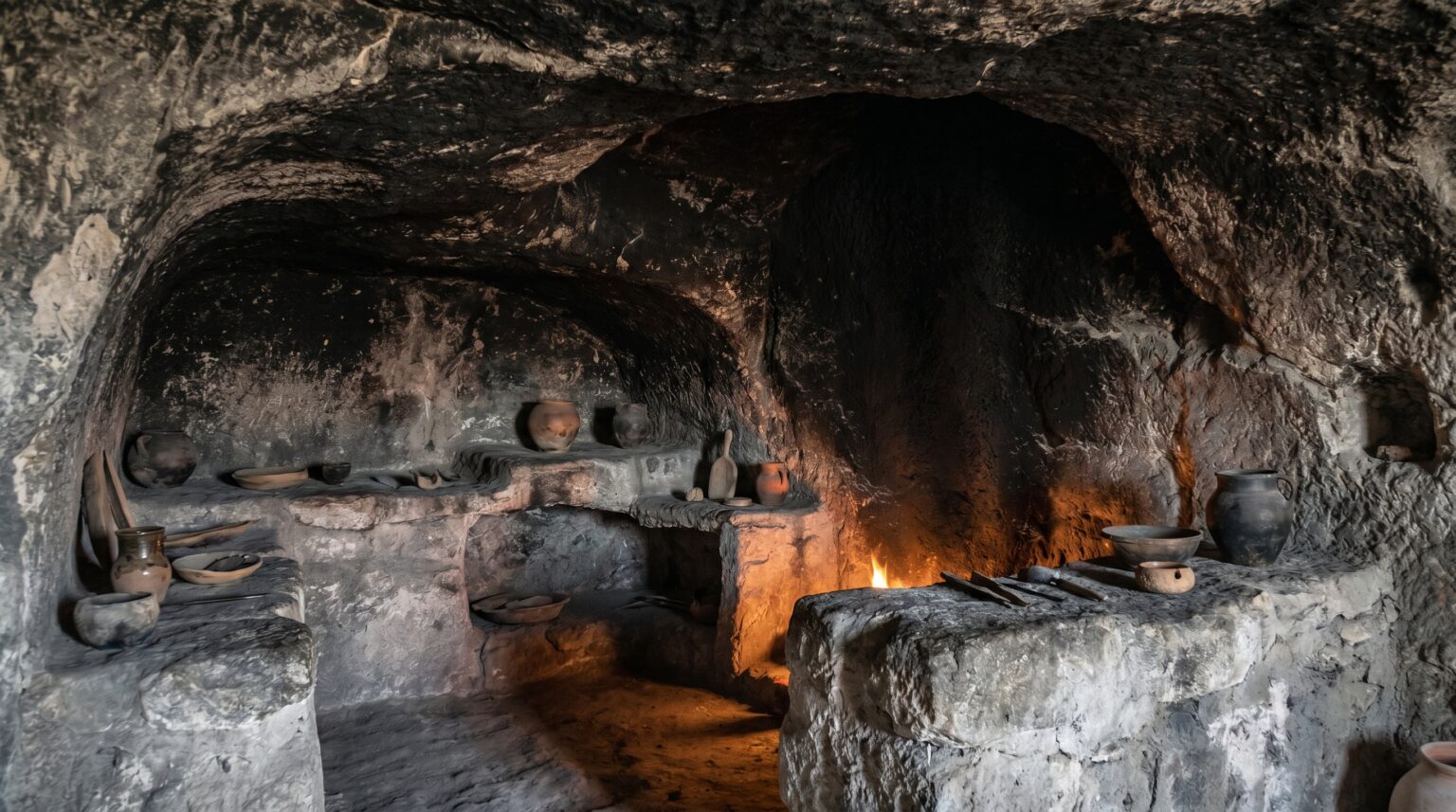 An ancient communal kitchen with soot-stained ceilings inside the Derinkuyu Underground City