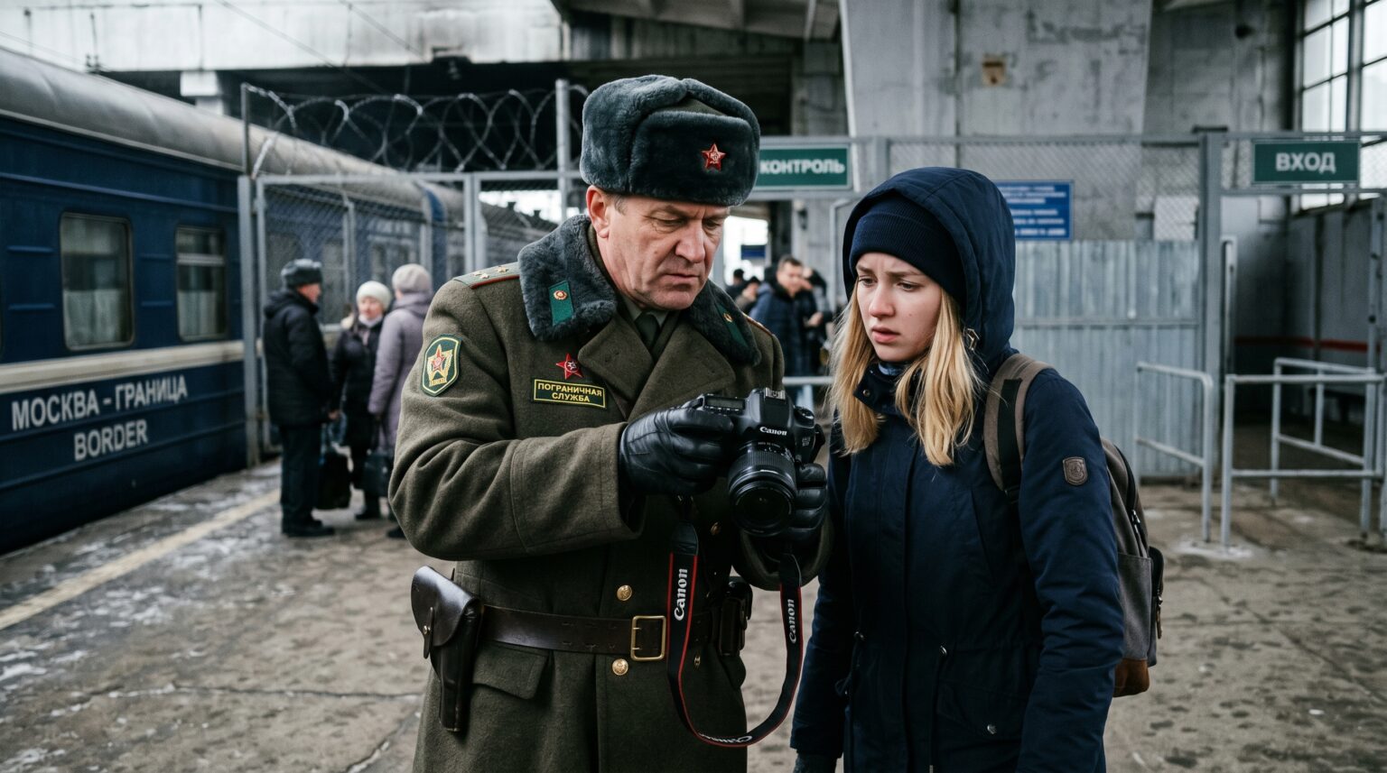 A strict military guard inspecting cameras before tourists visit the Hotel of Doom