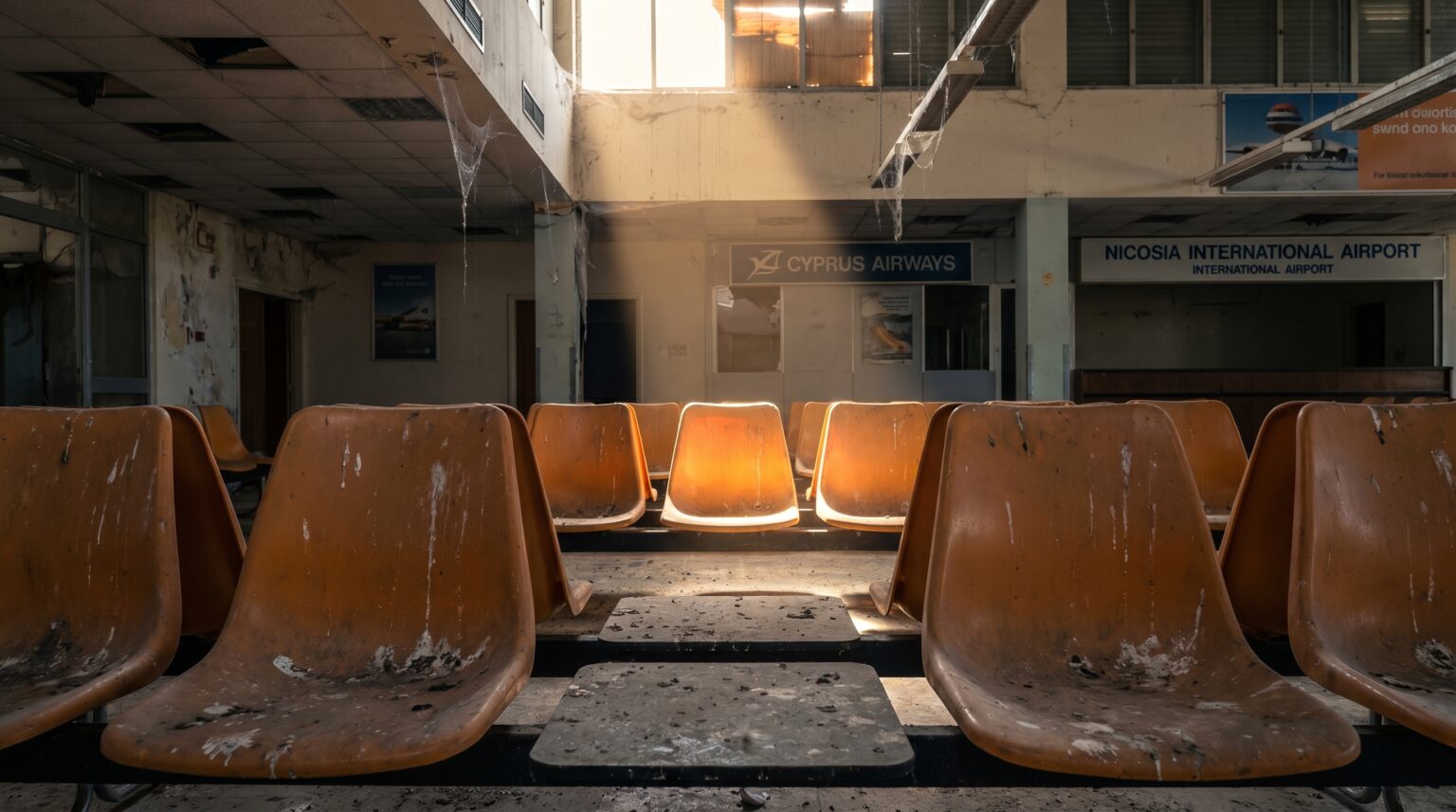 Rows of empty plastic waiting chairs covered in dust at Nicosia Airport