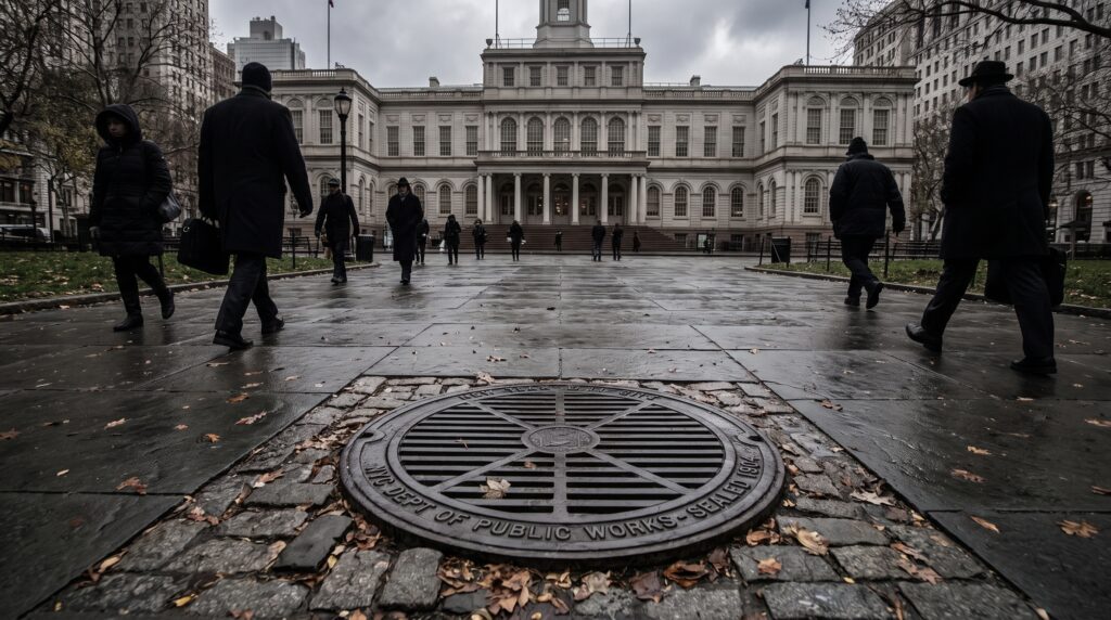A wet cobblestone pathway featuring a round metal manhole cover engraved with "NYC DEPT OF PUBLIC WORKS - SEALED 1904". In the background, pedestrians walk toward a large, classical municipal building under an overcast sky