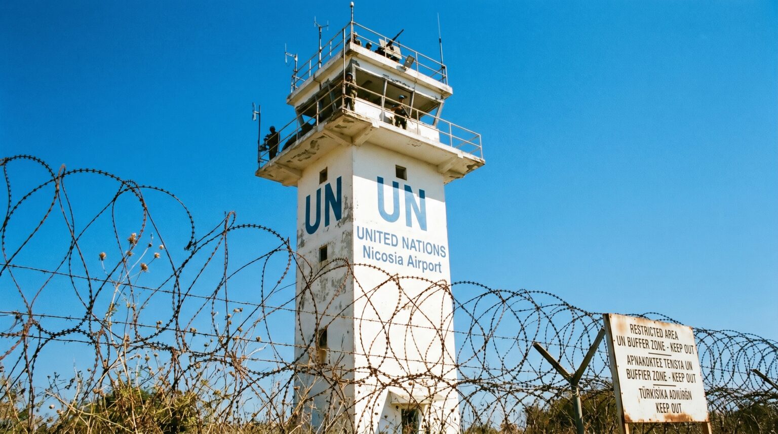 A United Nations observation tower guarding the perimeter of Nicosia Airport.