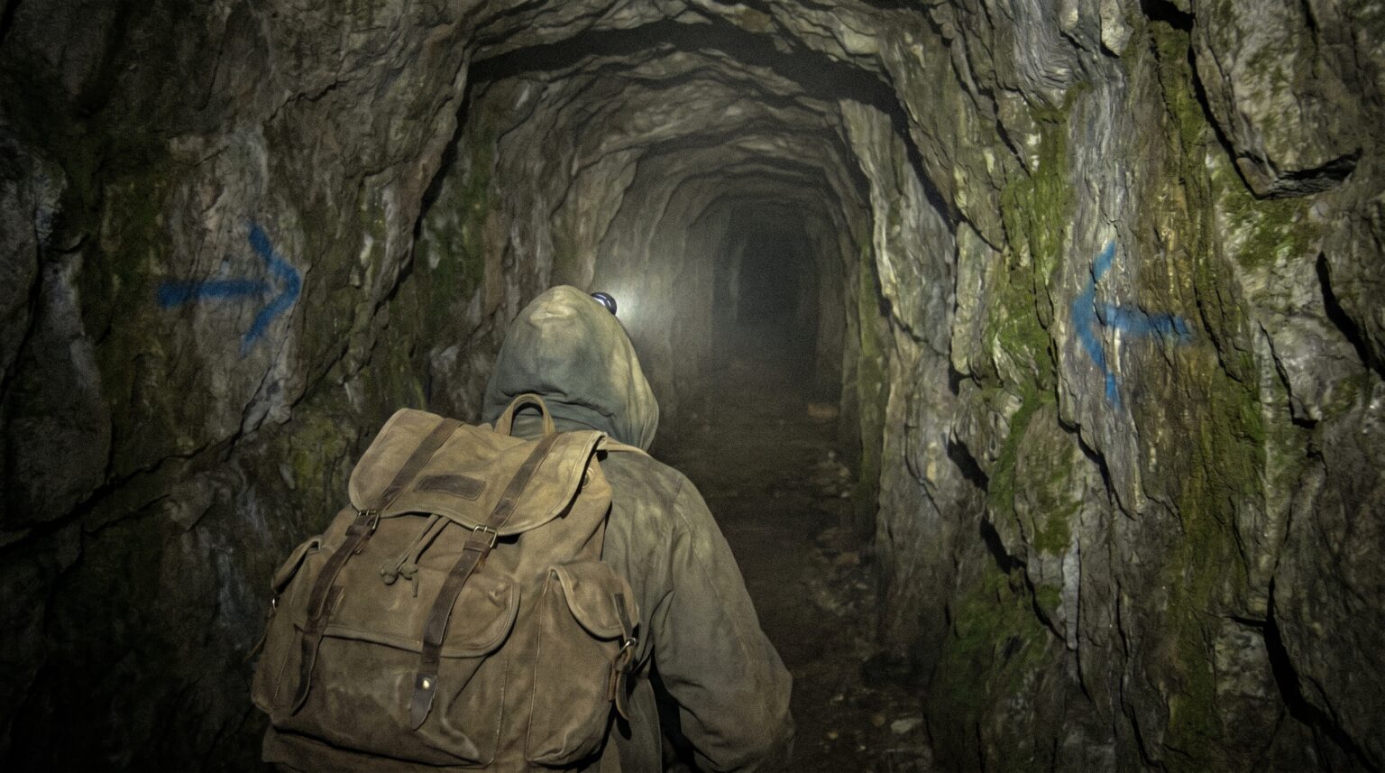 A modern tourist crouching low to explore the tight tunnels of the Derinkuyu Underground City