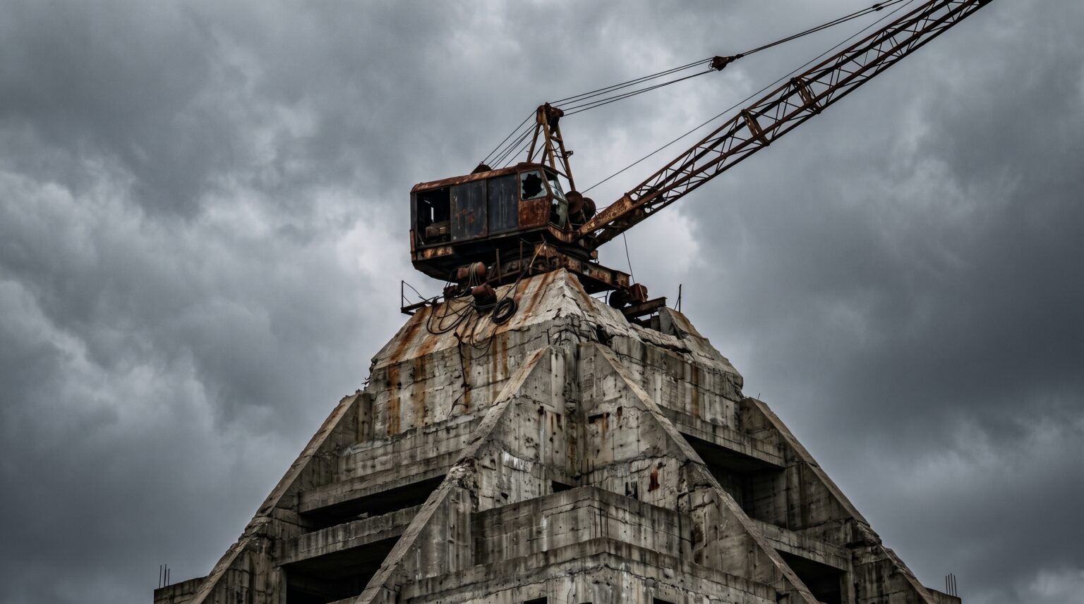 An abandoned, rusted construction crane sitting atop the unfinished Hotel of Doom.