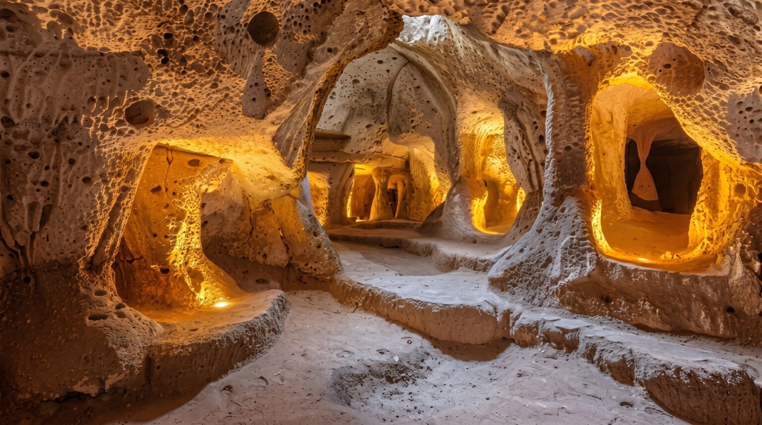 Interior view of Derinkuyu Underground City showing intricately carved rock chambers and illuminated passageways deep beneath Cappadocia, Turkey