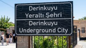 Entrance sign for Derinkuyu Underground City in Cappadocia, Turkey, welcoming visitors to one of the world's largest subterranean settlements