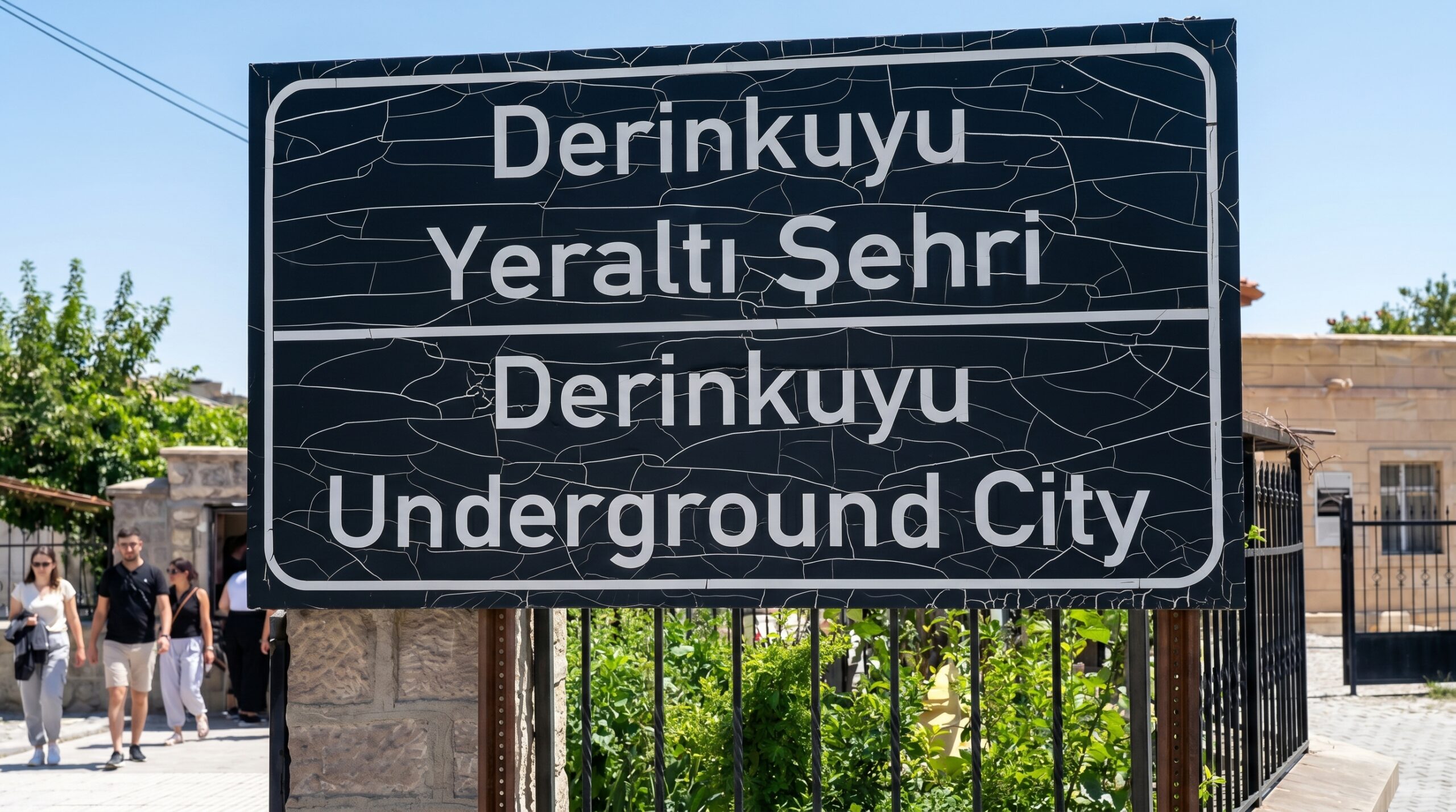 Entrance sign for Derinkuyu Underground City in Cappadocia, Turkey, welcoming visitors to one of the world's largest subterranean settlements
