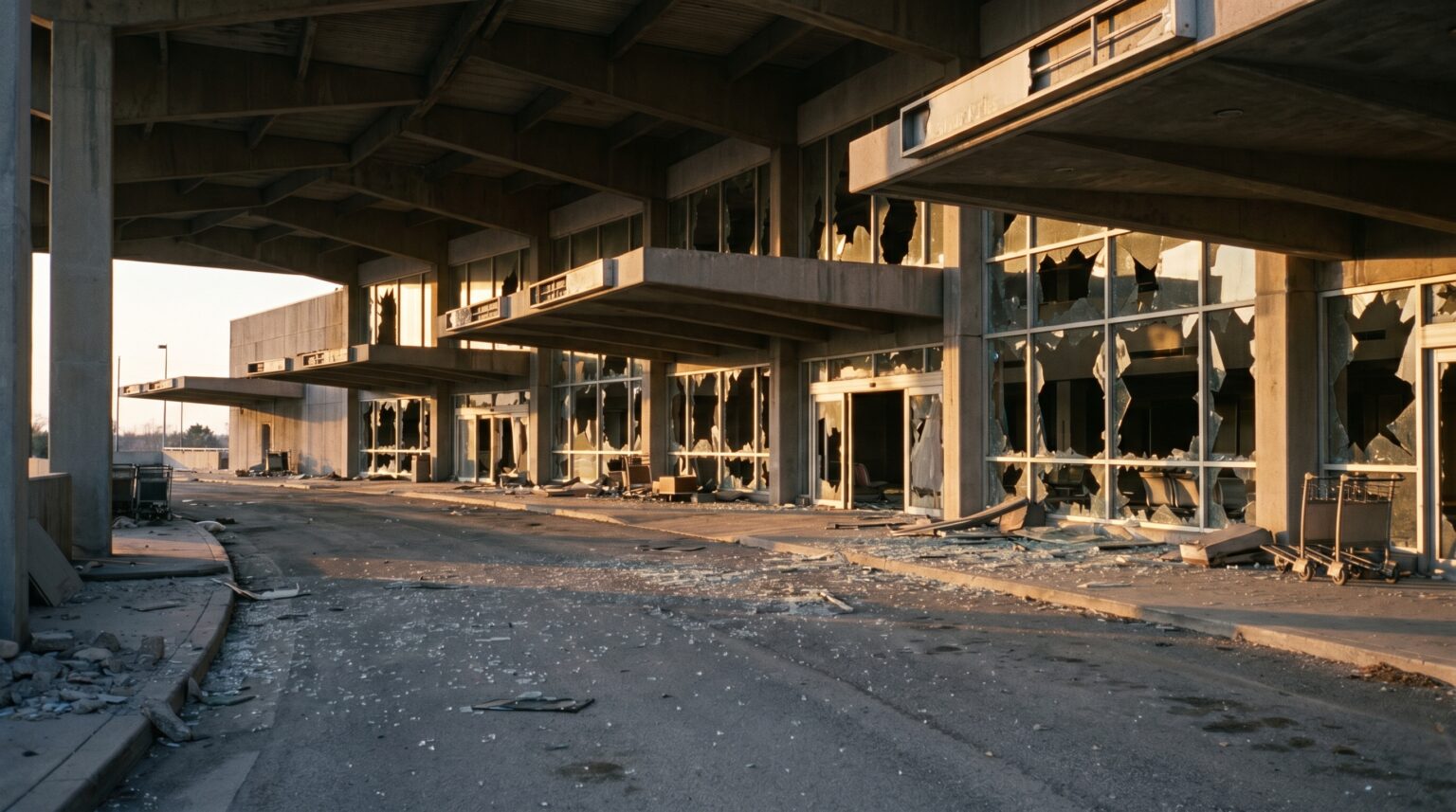 The shattered exterior of the abandoned Nicosia Airport building inside the UN buffer zone.