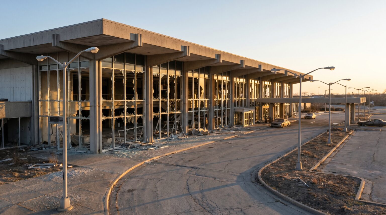 The shattered exterior of the abandoned Nicosia Airport building inside the UN buffer zone.