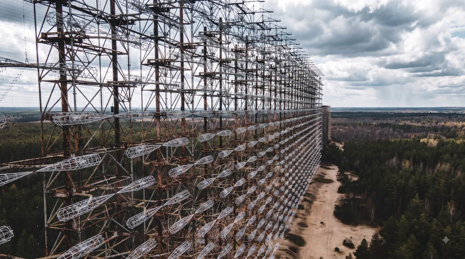 An elevated view showing the immense scale of the Duga radar array, with its repeating metal framework and cylindrical wire antennas stretching endlessly alongside a dense green forest