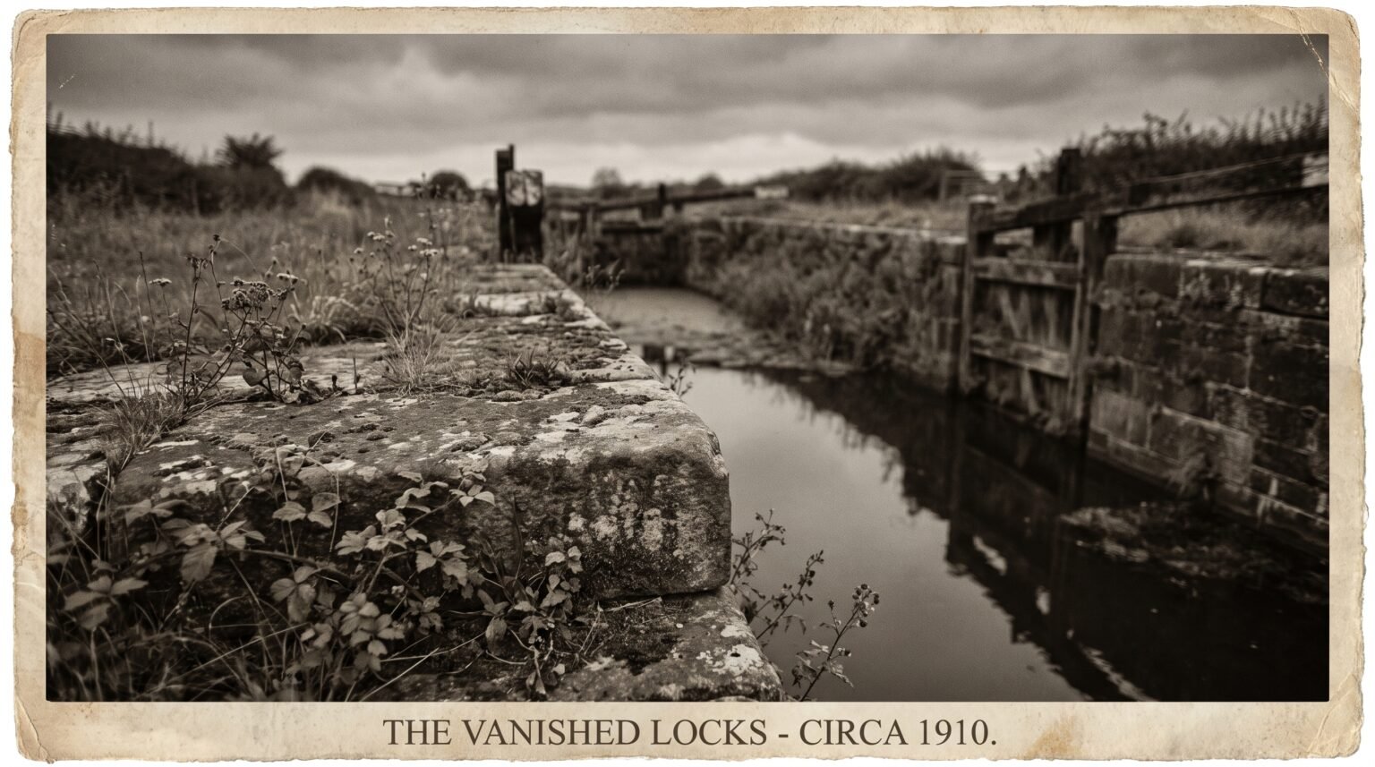 A sepia-toned vintage photograph showing an overgrown, abandoned canal lock made of stone, with the text "THE VANISHED LOCKS - CIRCA 1910." printed at the bottom.