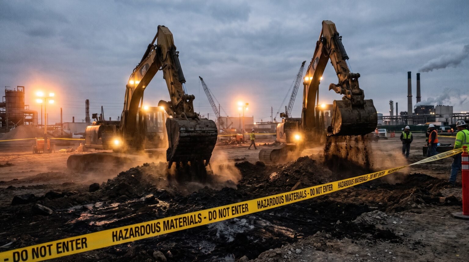 Two yellow excavators dig in dark soil at an industrial site at dusk, blocked off by yellow caution tape reading "HAZARDOUS MATERIALS - DO NOT ENTER".
