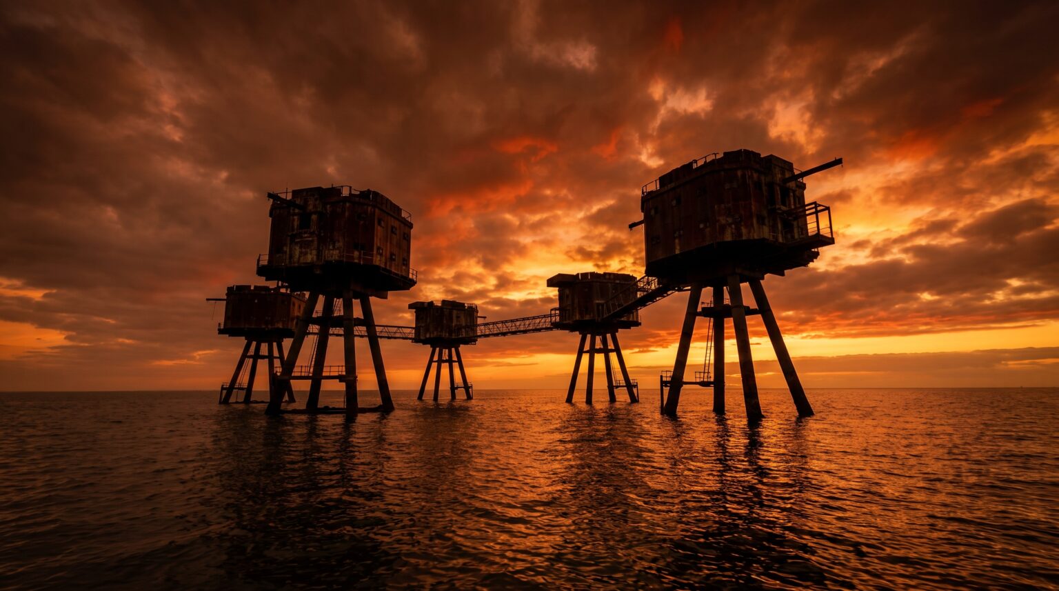 Maunsell Sea Fort silhouette at sunset Thames Estuary - WWII offshore fort England surviving Red Sands Shivering Sands