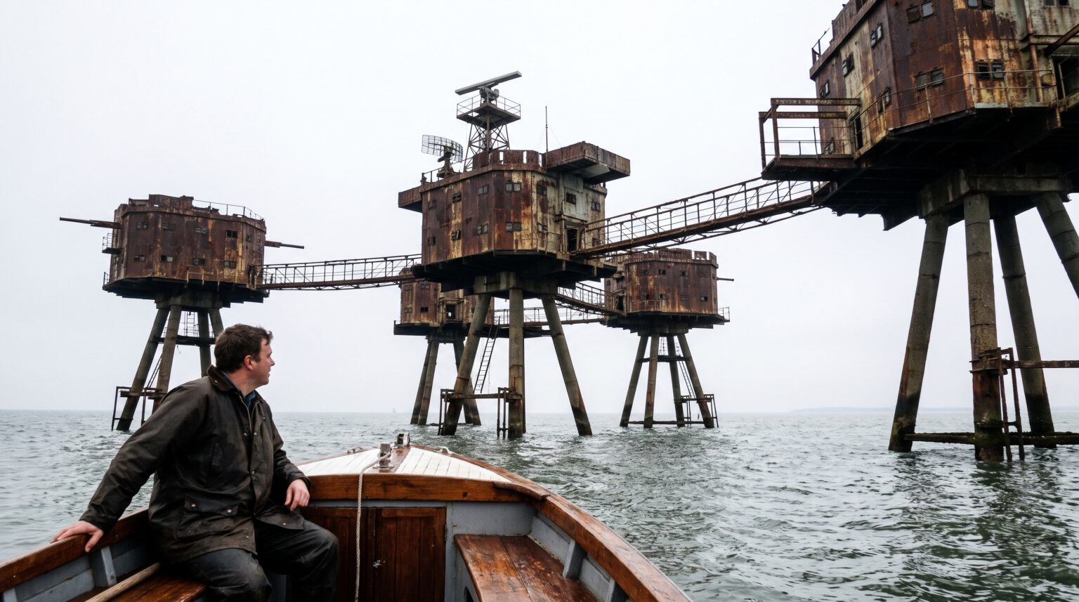 Red Sands Maunsell fort viewed from boat Thames Estuary - Project Redsand WWII Army fort preservation England