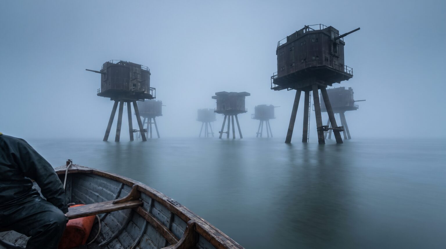 Maunsell Sea Forts rising from Thames Estuary mist at dawn - abandoned WWII offshore military forts England