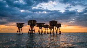 A dramatic sunset illuminating a cluster of abandoned sea forts standing in the ocean. The tall, rusted structures are silhouetted against a vibrant orange and yellow horizon, contrasting with heavy, dark blue clouds overhead.